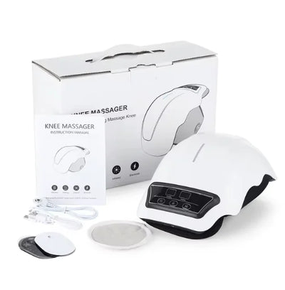 White knee massager with packaging and accessories on a white background